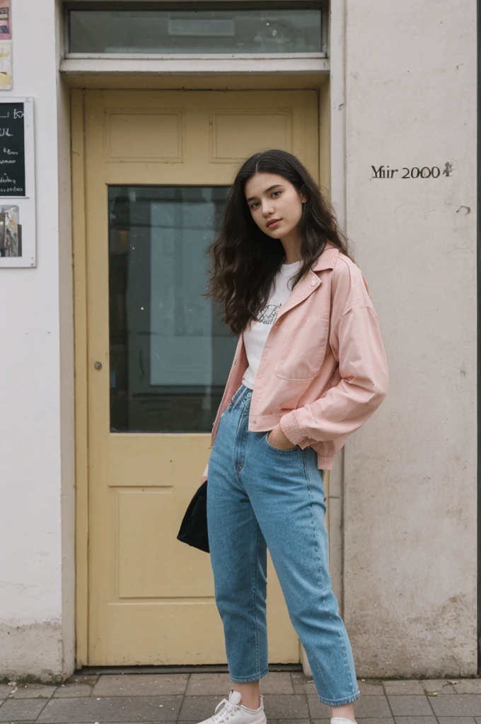 her name is Annie, high quality, 1girl, ((20-year-old fit Caucasian woman)), ((20 years old)), ((fit)) black long hair, pose: standing, wearing pastel colored unique g gen Z modern wear, BACKGROUND: From the diverse neighborhoods of Berlin, with its rich history, vibrant arts scene, and eclectic street art