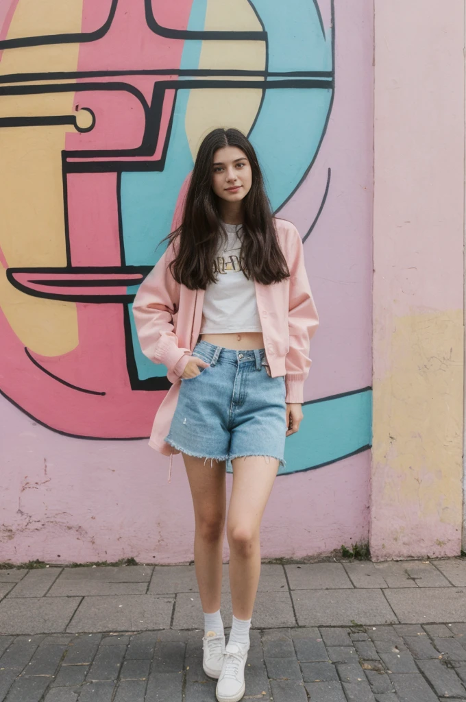 her name is Annie, high quality, 1girl, ((20-year-old fit Caucasian woman)), ((20 years old)), ((fit)) black long hair, pose: standing, wearing pastel colored unique g gen Z modern wear, BACKGROUND: From the diverse neighborhoods of Berlin, with its rich history, vibrant arts scene, and eclectic street art