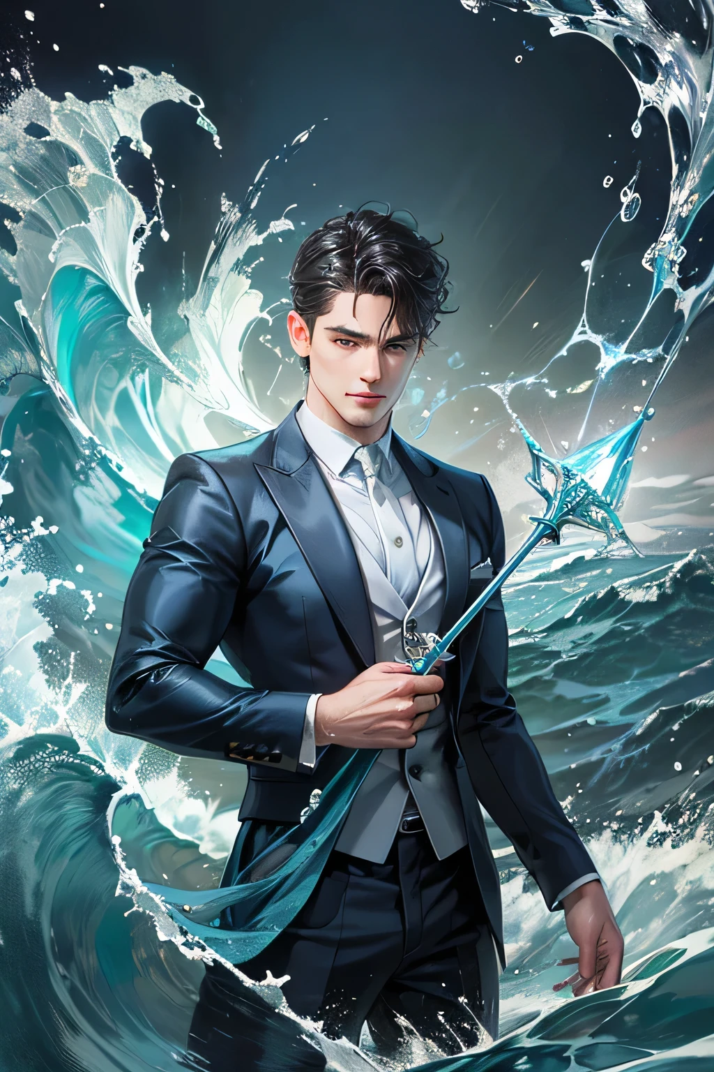 "Create an ultra-realistic image of a handsome 42-year-old man holding an aqua magical staff that radiates the essence of water and the sea. He should be dressed in a refined, dark blue shaded outfit that reflects his deep connection to the element of aqua. Depict him surrounded by elements of water, such as cascading waves, shimmering droplets, and oceanic hues, to showcase his mastery over this element. Include a distinct aqua symbol on his body, signifying his role as the keeper of aqua and illustrating the powerful, dynamic energy of water he possesses within him."