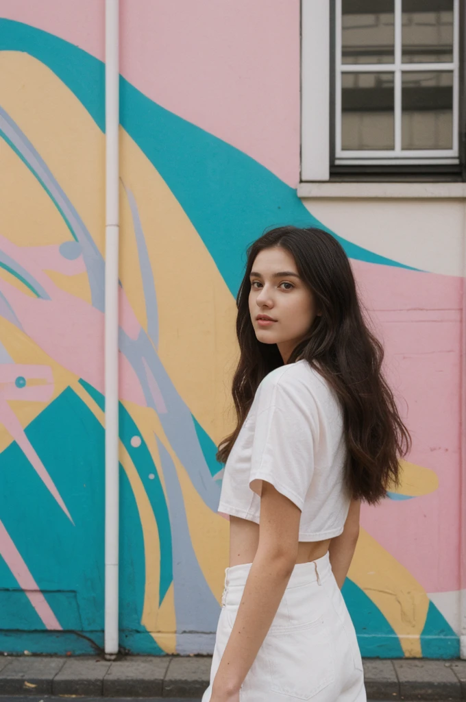 her name is Annie, high quality, 1girl, ((20-year-old fit Caucasian woman)), ((20 years old)), ((fit)) black long hair, pose: standing, wearing pastel colored unique g gen Z modern wear, BACKGROUND: From the diverse neighborhoods of Berlin, with its rich history, vibrant arts scene, and eclectic street art