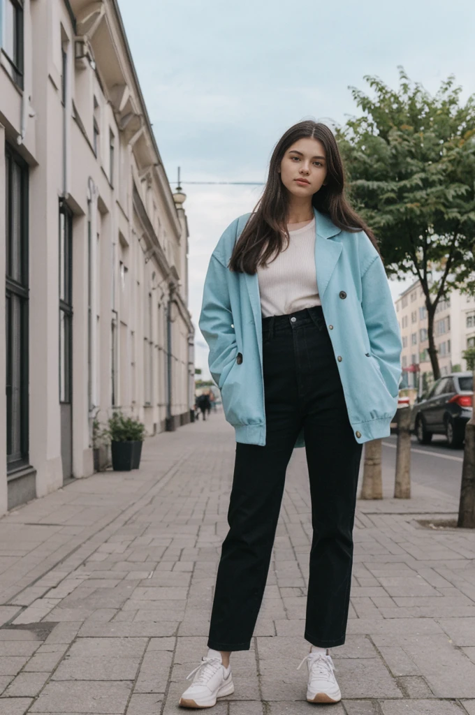 her name is Annie, high quality, 1girl, ((20-year-old fit Caucasian woman)), ((20 years old)), ((fit)) black long hair, pose: standing, wearing pastel colored unique g gen Z modern wear, BACKGROUND: From the diverse neighborhoods of Berlin, with its rich history, vibrant arts scene, and eclectic street art
