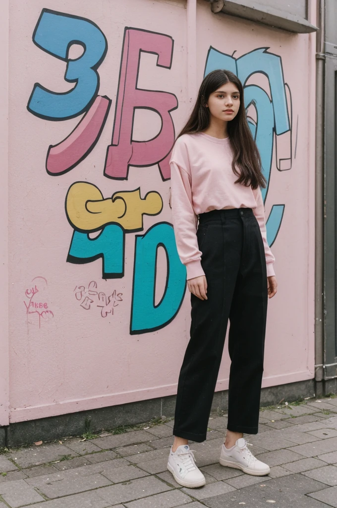 her name is Annie, high quality, 1girl, ((20-year-old fit Caucasian woman)), ((20 years old)), ((fit)) black long hair, pose: standing, wearing pastel colored unique g gen Z modern wear, BACKGROUND: From the diverse neighborhoods of Berlin, with its rich history, vibrant arts scene, and eclectic street art