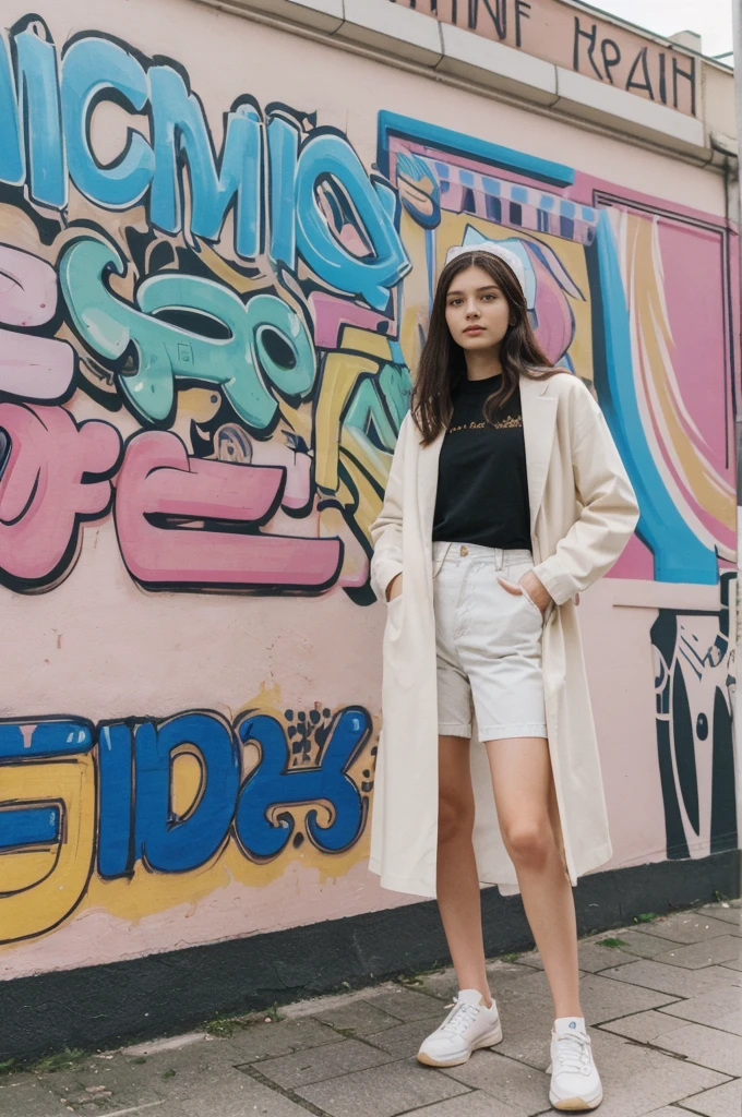 her name is Annie, high quality, 1girl, ((20-year-old fit Caucasian woman)), ((20 years old)), ((fit)) black long hair, pose: standing, wearing pastel colored unique g gen Z modern wear, BACKGROUND: From the diverse neighborhoods of Berlin, with its rich history, vibrant arts scene, and eclectic street art