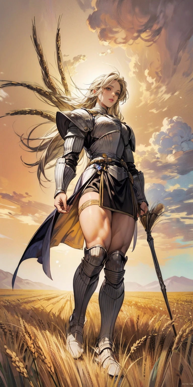 stunning painting of a knight with blonde hair, wheat field, epic clouds ((painterly)) ((impressionist)) vibrant, soft edges (((warm glow))) full body whole body view from below 1sologirl, feet together