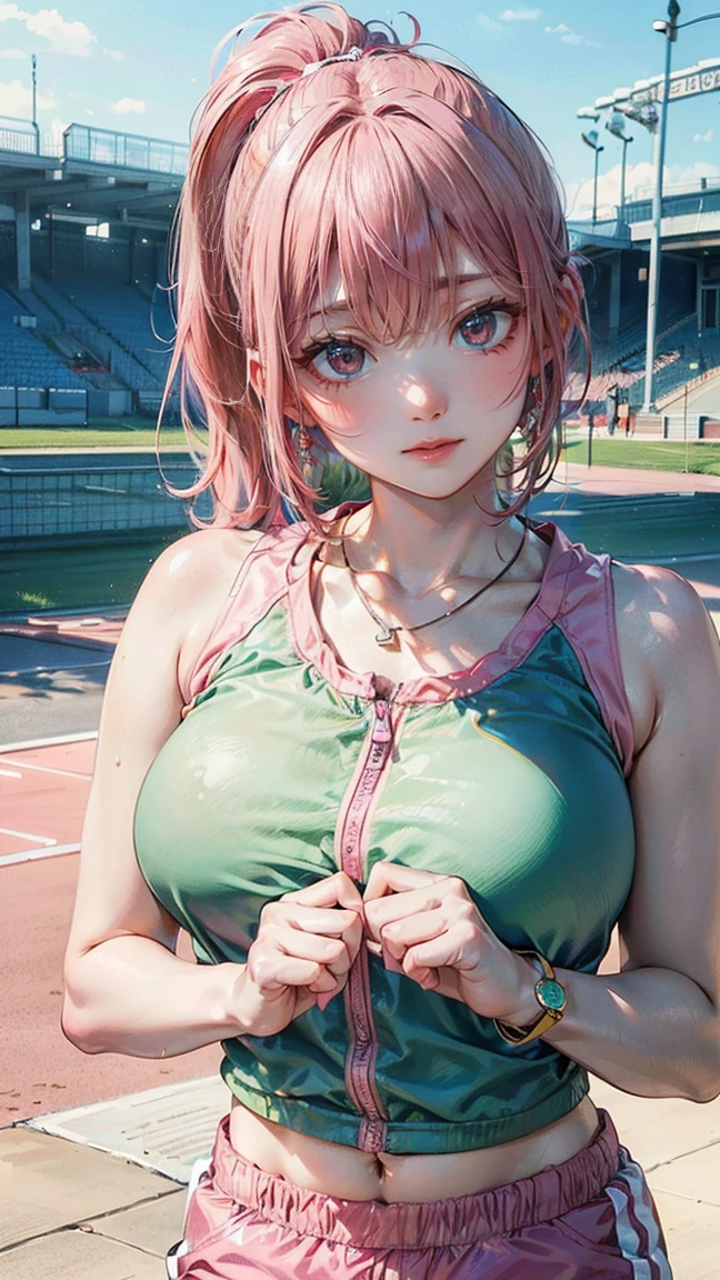 (Masterpiece, BestQuality:1.3), (ultra detailed:1.2), (hyperrealistic:1.3), (RAW photo:1.2), High detail RAW color photo, professional photograph, (Photorealistic:1.4), (realistic:1.4), (Pink Hair:1.5), professional lighting, perfect anatomy, (Big Breasts:1.2), (blush, detailed face), (cheerful Smile:1.5), Trending Hair&Trending Hairカラーをランダムに, earrings, necklace, bracelet, sexly, erotic sexly, Random sexy gravure poses, (Woman in pastel colored sportswear、The background is a track field、Serious expression、ponytail、Pulling on shorts pose:1.3)