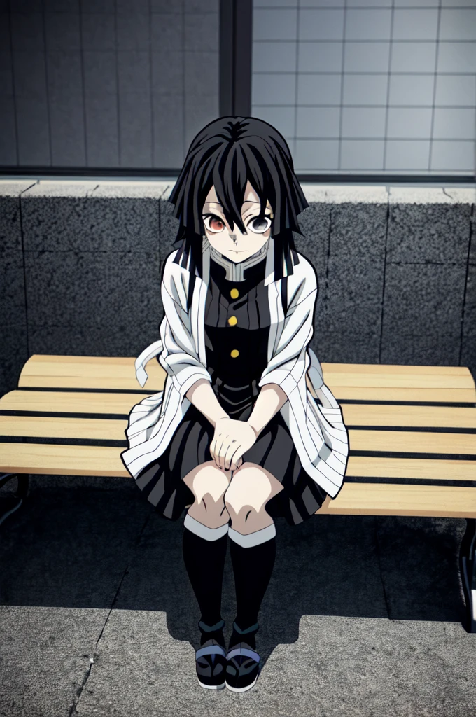 anime girl in a black and white dress sitting on a bench, anime character; full body art, anime girl wearing a black dress, anime woman fullbody art, anime full body illustration, 1 7 - year - old anime goth girl, shikamimi, anime visual of a cute girl, demon slayer rui fanart, (anime girl), anime character