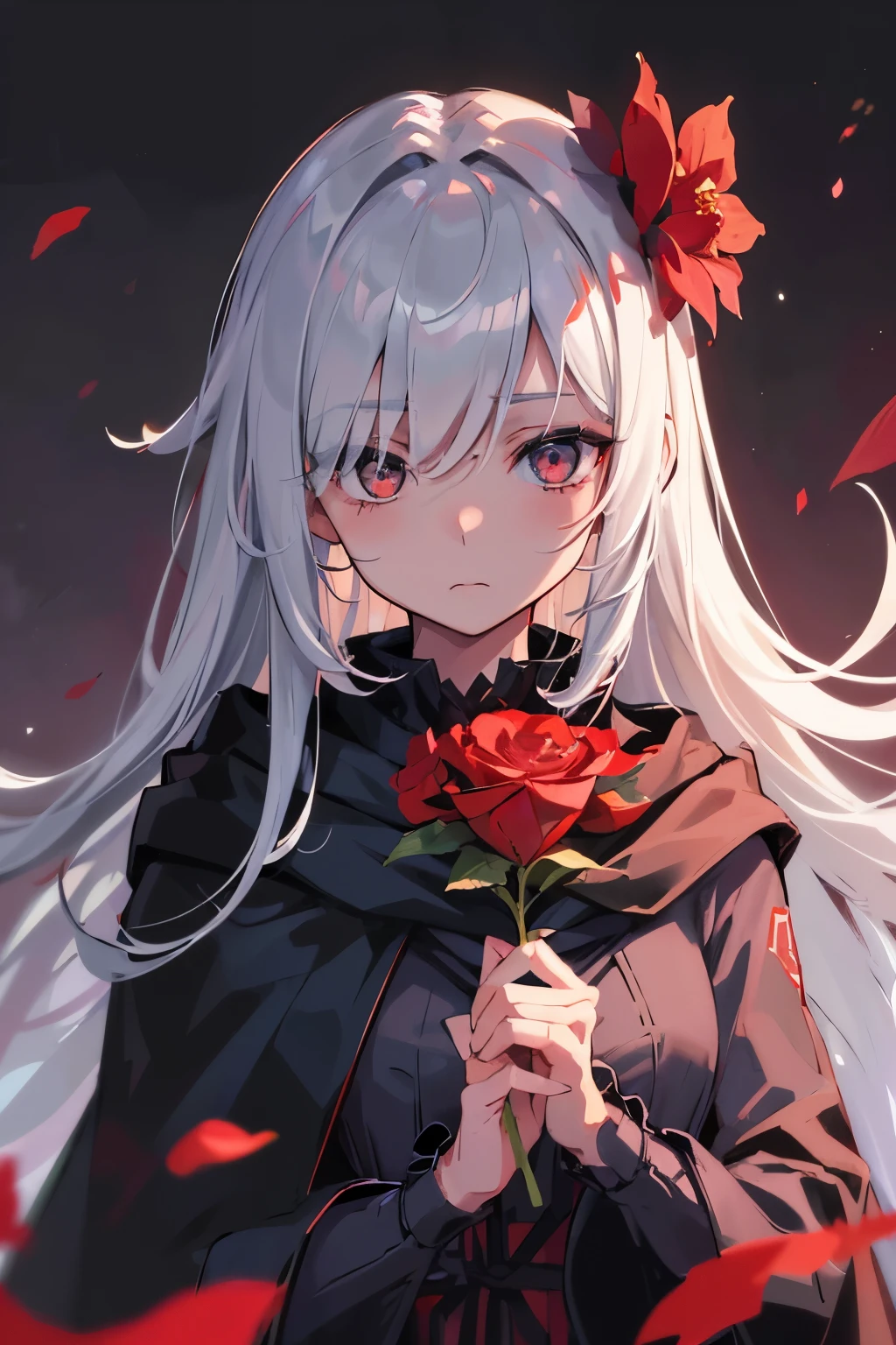 One girl,alone,One girl,alone,((Beautiful attention to detail)), (Detailed light),Depth of written boundary,(Gray Hair),Silver Eyes,Hair on one eye,(Red flower ), Hair Flowers,Long Hair,Black Cape,Wet,emotionless,Recall,night,Starfall,it's raining,fog,Red flowers falling,sketch,Upper Body,Strong Shadows,