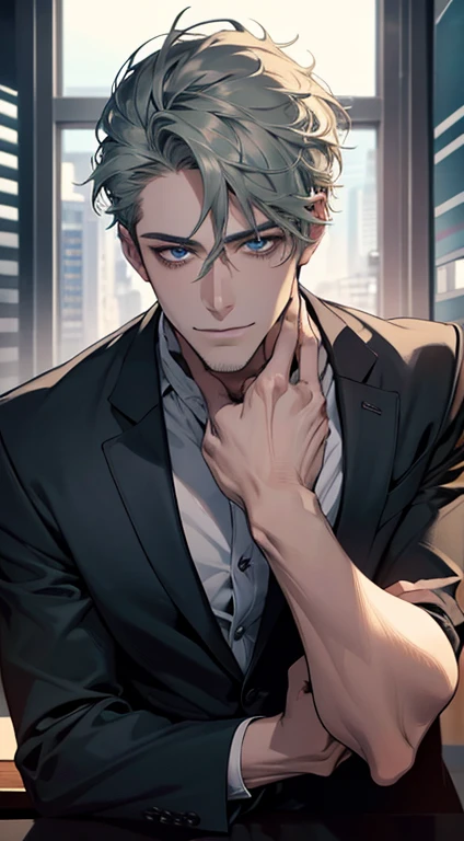 (best quality,4k,8k,highres,masterpiece:1.2),ultra-detailed,(realistic,photorealistic,photo-realistic:1.37),1 man,31 years old,mature man,very handsome,without expression,smile,short grey green hair,blue eyes,penetrating gaze,perfect face without errors,imposing posture,businessman,office background,cinematic lighting,hdr image