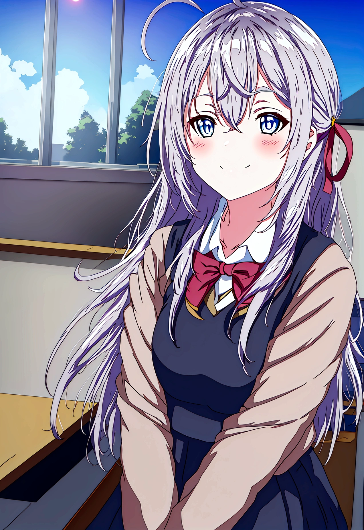 1girl, alya, roshidere, anime style,grey hair, long hair, ahoge, hair ribbon, blue eyes, , bowtie, black skirt, crossed arms, looking away, blush, embarrassed, smile, upper body, classroom
