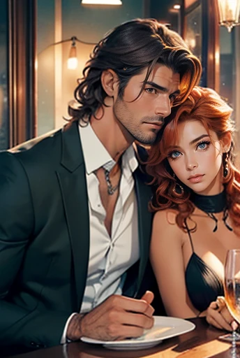 The picture shows a couple: 1 man (A tall handsome, statuesque, courageous adult man with green eyes, tanned skin, long curly copper-red hair), sitting at a table in a restaurant with 1 woman (an incredibly handsome young femme fatale brunette, she has blue eyes, short black hair). They're in love.