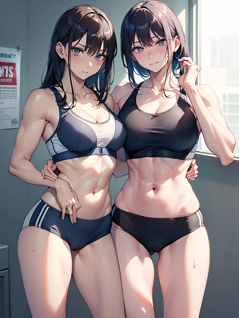 (Sweat, White skin:1.5、Light gray sports bra, Wet clothing), cameltoe, Brand logo on the bra, Fitness, Bodybuilding Poses, ((ブラにSweat染み:1.5, Sweatで濡れている, Sweat染み, Black stained bra))