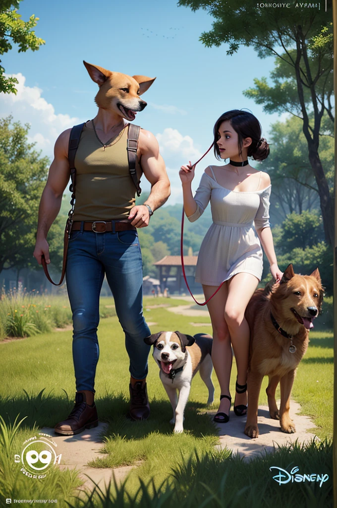 cartoon drawing of two dogs on a leash in a park, animated disney movie inking, published concept art, stylized linework, whole page illustration, by Istvan Banyai, concept art for a video game, by Maksimilijan Vanka, colorkey scene, cartoon concept art