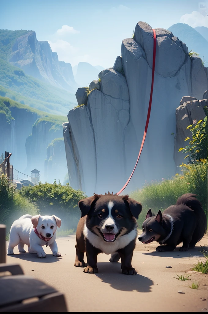 cartoon drawing of two dogs on a leash in a park, animated disney movie inking, published concept art, stylized linework, whole page illustration, by Istvan Banyai, concept art for a video game, by Maksimilijan Vanka, colorkey scene, cartoon concept art