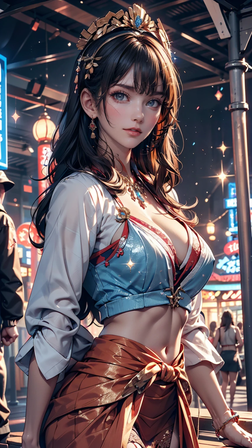 24-year-old female、Sexy proportions、Sexy、Narrow waist、Wear jewellery on your wrist、Attach a necklace、Wear platform sandals、Side Tail((side drill))、Crystal Earrings((crystal earrings))、A seductive smile((seductive smile))、Headpiece((hair ornament))、Rainbow Hair((rainbow hair))、erotic、Cleavage Emphasis、Wear off-the-shoulder tops、I can see my belly button、Lower milk visible、Wear low rise leggings、Wear platform sandals、Walk through the downtown area at night、sexy pose、Finger Heart