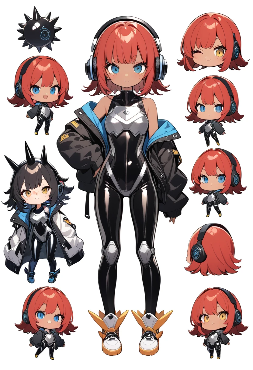 full body,1 girl,(cute:1.3),short, spiky, red Hair, left eye yellow, right eye blue, tan skin, freckles,｛White breastplate, Black futuristic headphones, Mechanical black glossy metallic Bodysuit, Bare shoulders, oversized jacket, Glossy, shiny material,chibi emote, chibi character, character reference sheet 
