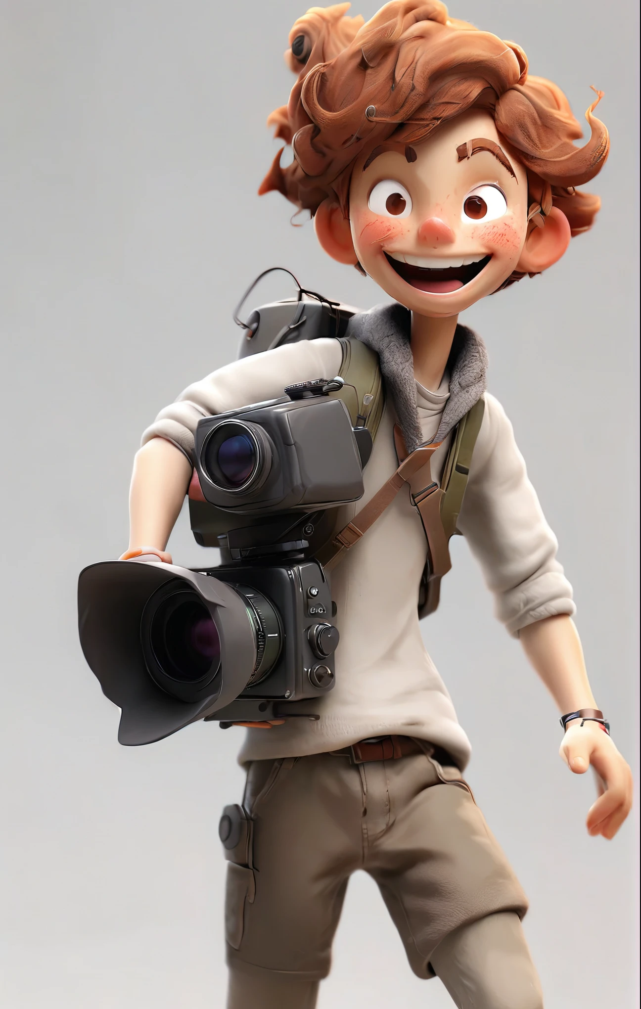 A young man was running around with a video camera,smiling face, zbrush, rendererC4D, octane rendering, white background, 3D, Blender, 8K, HD --ar 3:4 --niji 5