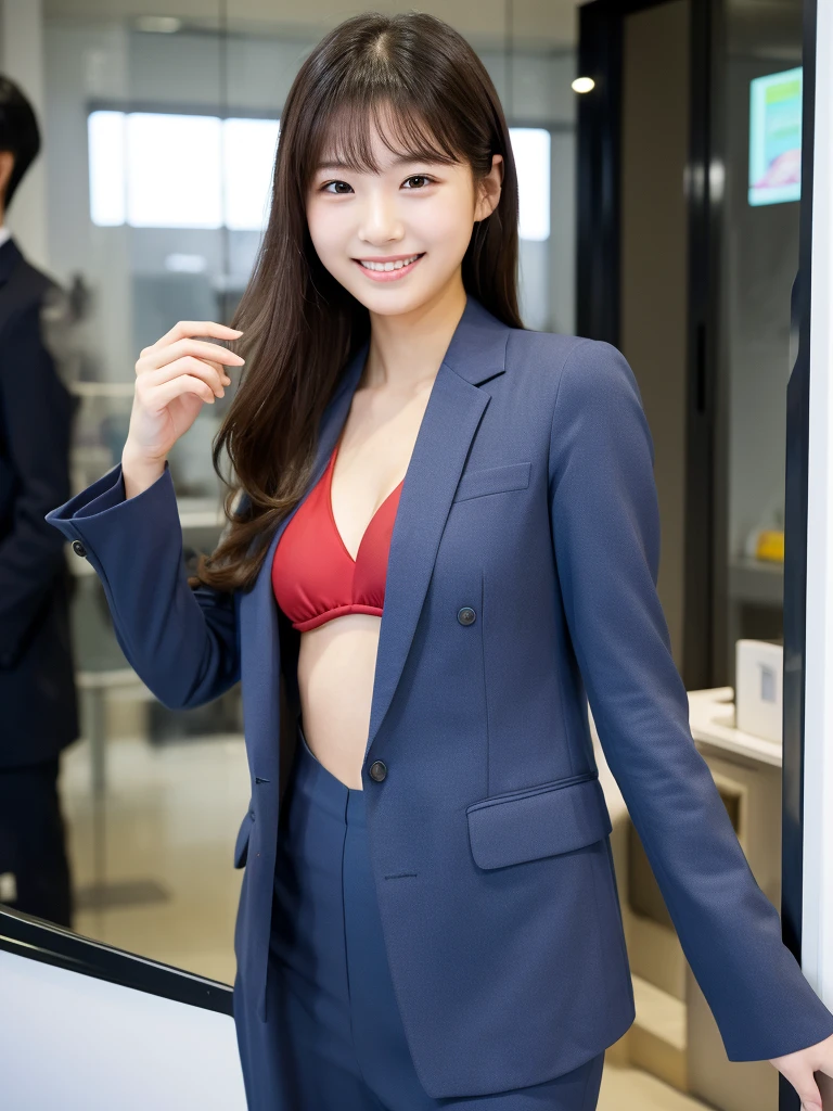 (((she is in a bikini)))、masterpiece、超High resolution、She is very cute and young like an idol...々Cute 18 year old business woman、((She is small, only 140cm tall.))、Gentle and cute、A kind smile、Medium Bust、Working in an office with a business desk in a building、((He is having a conversation with a male employee wearing a suit.)). whole body、RAW Photos、Genuine、High resolution、Live Action