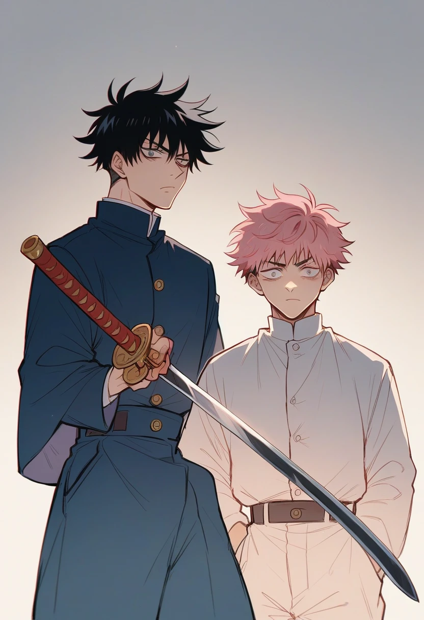 Manip in a perspective of two men, one with toji cosplay and the other with sukuna cosplay from jujutsu kaisen, short hair, pink hair and black hair, with sword