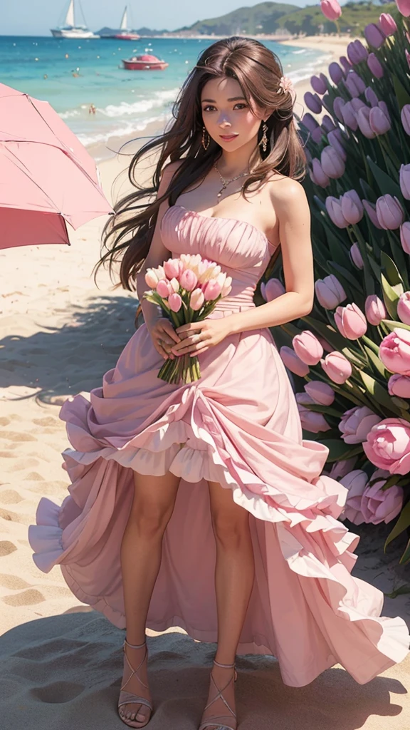 Create a 6 profile picture of a Matured Women but different faces and hair style wearing a pink beach dress she is holding a pink tulips with her both hands and her hair is brown and the background is beach theme wedding she is a bridesmaid full body please