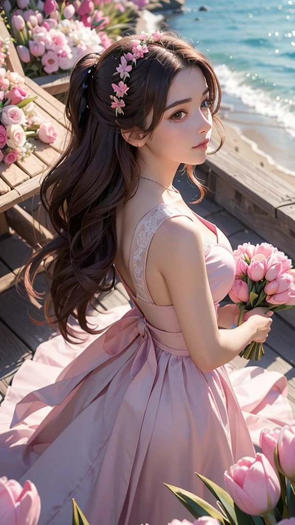 
Create a 6 profile picture of a Matured Women but different faces and hair style wearing a pink beach dress she is holding a pink tulips with her both hands and her hair is brown and the background is beach theme wedding she is a bridesmaid full body please