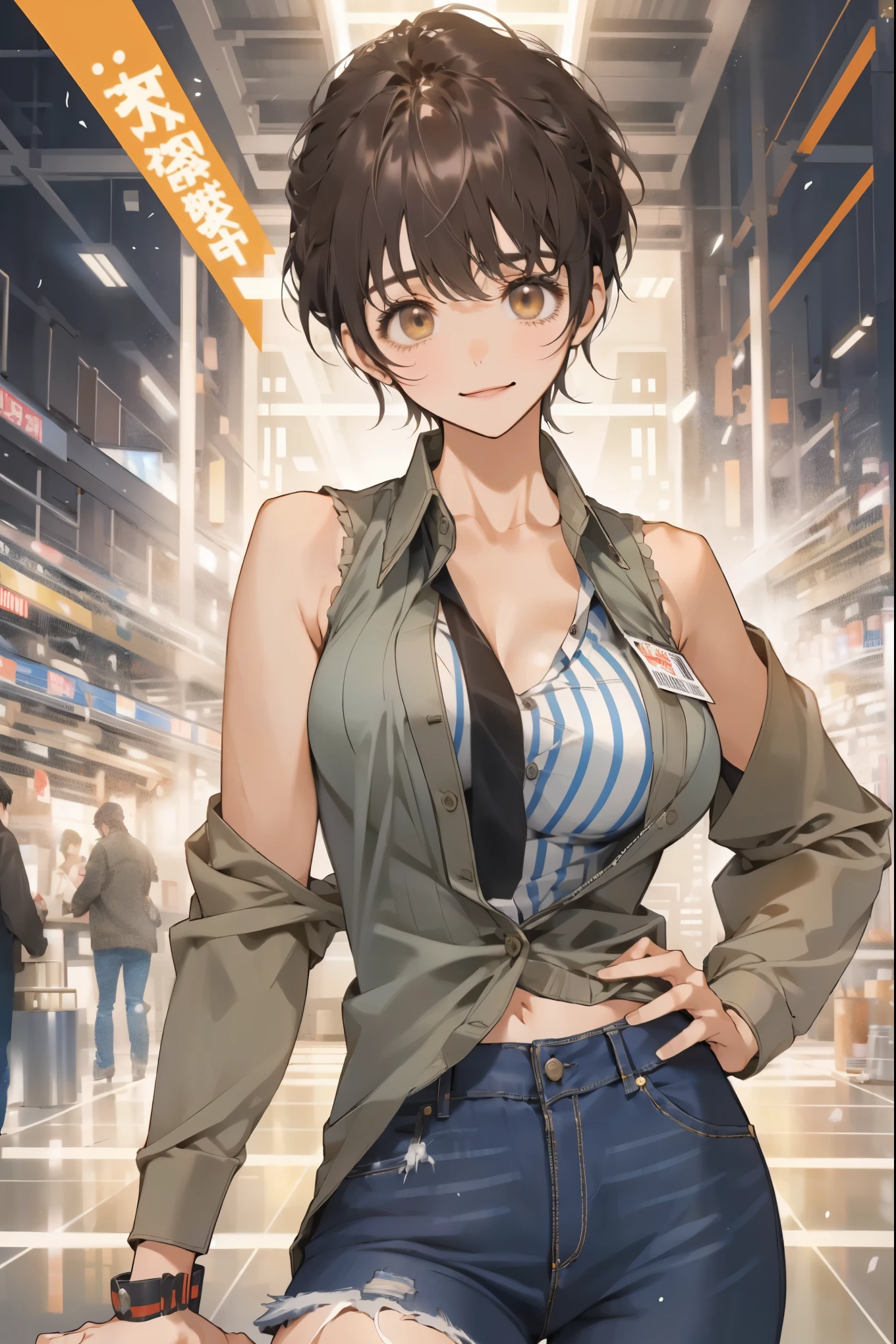 (masterpiece, best quality:1.2), Cowboy shooting, Solitary, 1 Girl, Carly Nagisa, open mouth, Hands on hips, Black long hair, Brown sleeveless jacket, Cardigan jacket, ((Striped shirt)), jeans, Wristband, floorroom,floor, sit,Smile,Awkward ,Large target ,巨Large target , Crazy breast swelling, Chest larger than shoulder blades, Big breasts and thin waist,(巨Large target breasts:1.2),Hydrated skin((rogue))((非常巨Large target乳房)),((Grooves reveal original skin))