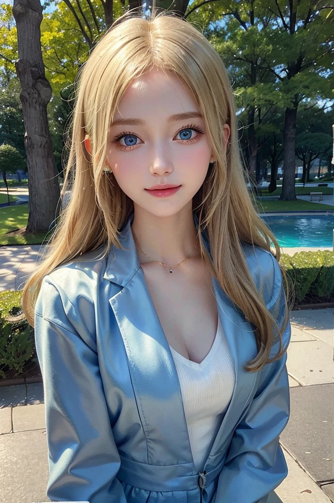 masterpiece, Highest quality, One girl, beautiful, Are you okay, delicate, Very complicated, detailed, Blonde, Jacket, blue eyes, ((masterpiece)), extremely detailed, Highest quality, High resolution, ((at the park)), Bridget, smile,  