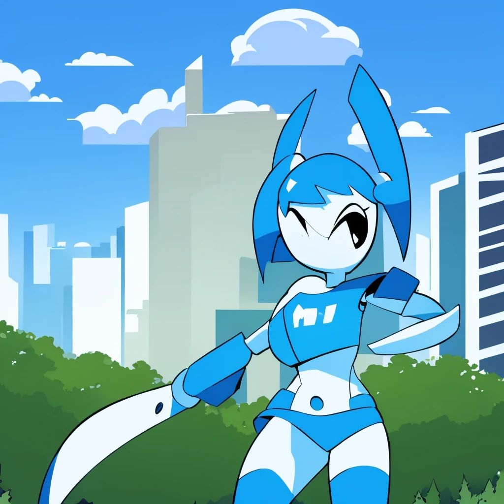 score_9, score_8_up, score_7_up, solo, 1girl, jenny wakeman from my life as a teenage robot, cute, blue hair, exposed midriff, mechanical joints, happy, outdoors, park, dynamic pose, cowboy shot, dynamic angle, looking at viewer, black eyes, by fizintine, crop top hoodie, panties, very chubby