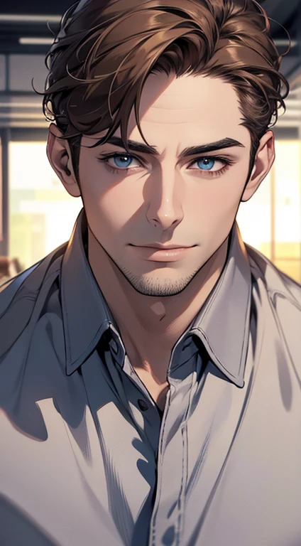 (best quality,4k,8k,highres,masterpiece:1.2),ultra-detailed,(realistic,photorealistic,photo-realistic:1.37),1 man,31 years old,mature man,very handsome,without expression,smile,short grey brown hair,blue eyes,penetrating gaze,perfect face without errors,imposing posture,businessman,office background,cinematic lighting,hdr image