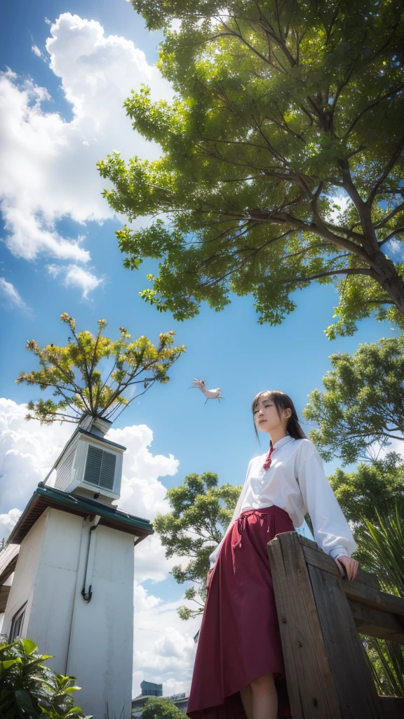 ((crane))、bird、after the rain、1girl,from below、null、cloud