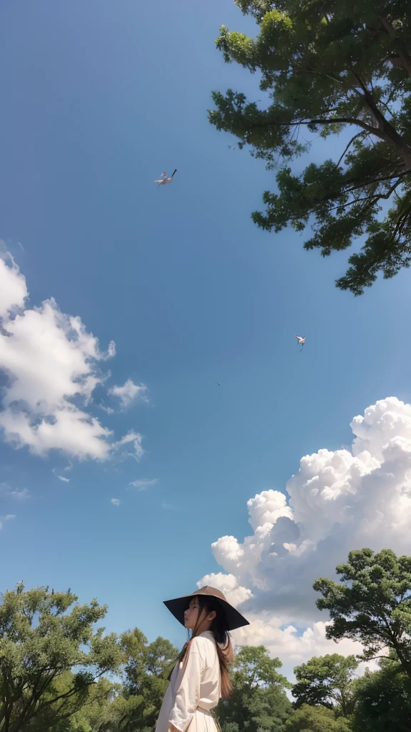 ((crane))、bird、after the rain、1girl,from below、null、cloud