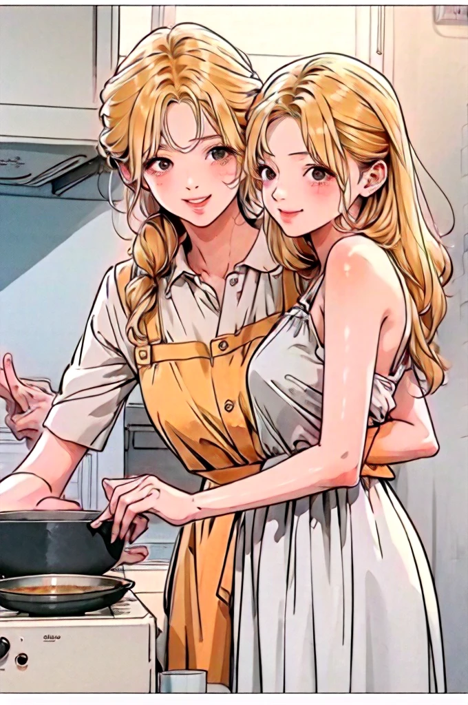 masterpiece,best quality,itricate detail,high quality,cinematic light,beautiful eyes,8k,2girl,mother and her little daughter,cooking,smile,loving aura,love mood,happy,blonde hair,mom stay behind her daughter and have arms around her,