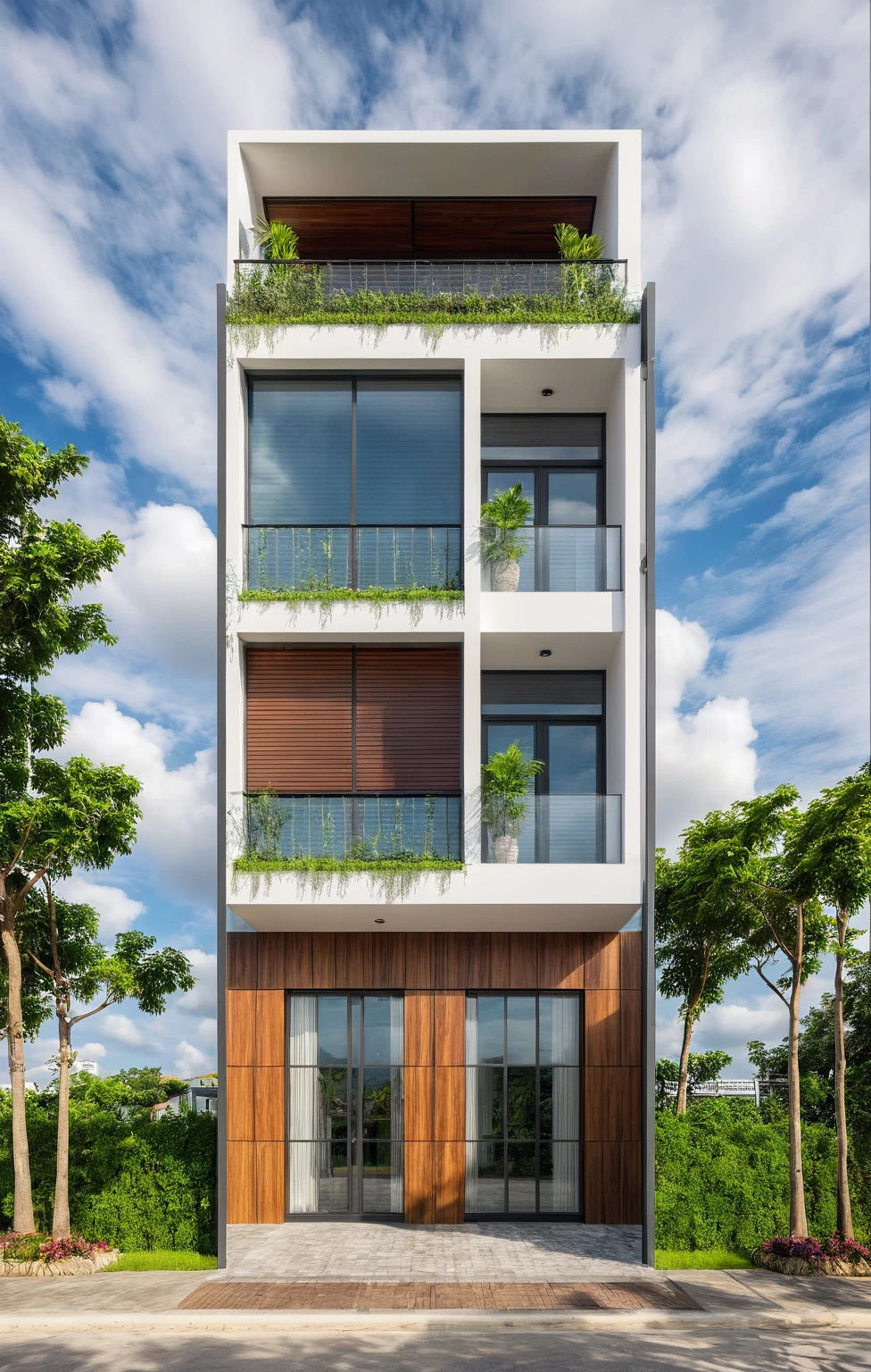 modern villa on street, (overcast lighting:1.2), tropical tree, vivid color, streetcapes, nice sky, grey wood and white tone, (large glass door:1.2), warm interior lighting, modern material, best quality, ultra realistic, masterpiece, 17ArchiAI_XL_VL-v1
