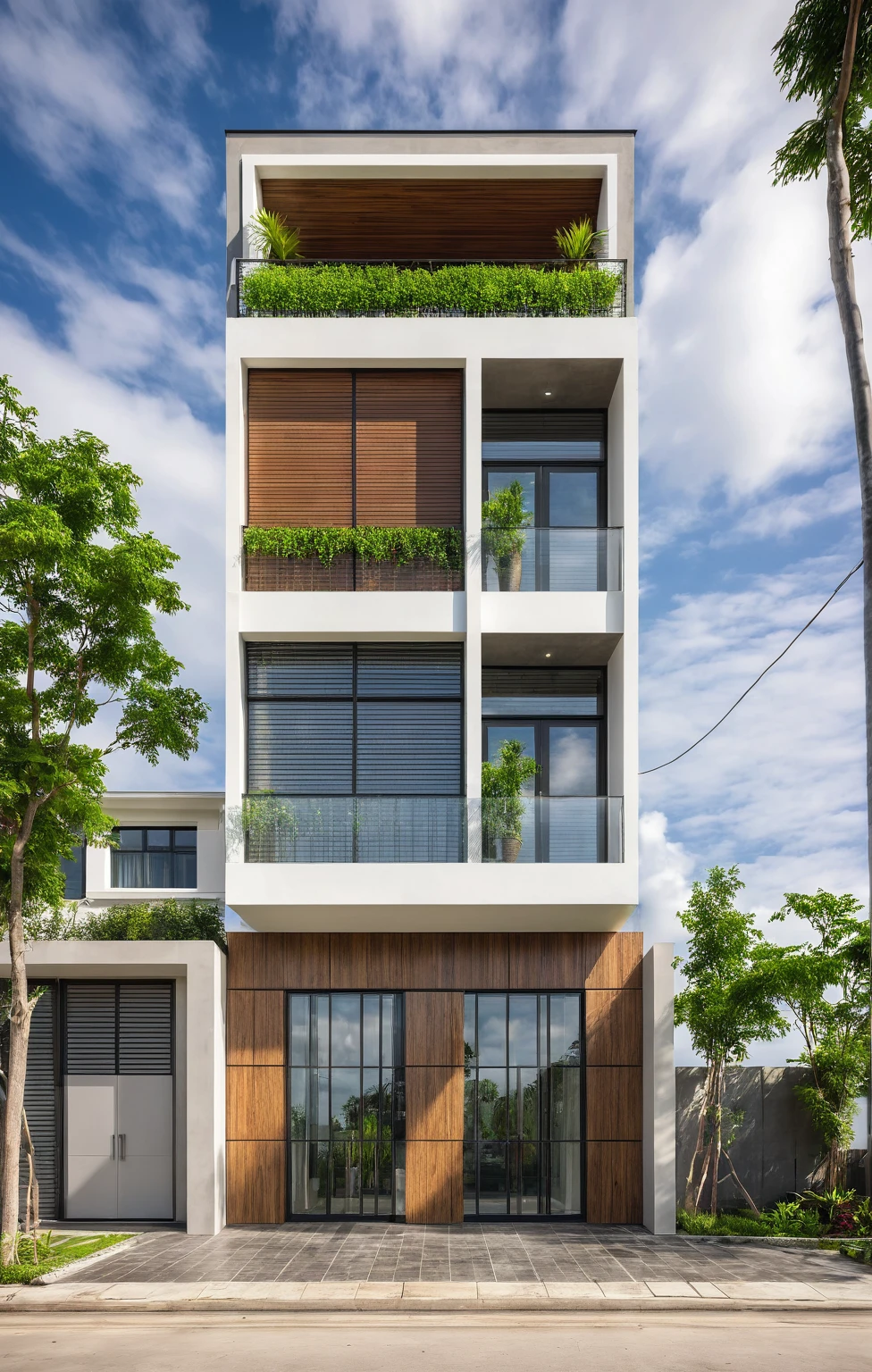 modern villa on street, (overcast lighting:1.2), tropical tree, vivid color, streetcapes, nice sky, grey wood and white tone, (large glass door:1.2), warm interior lighting, modern material, best quality, ultra realistic, masterpiece, 17ArchiAI_XL_VL-v1
