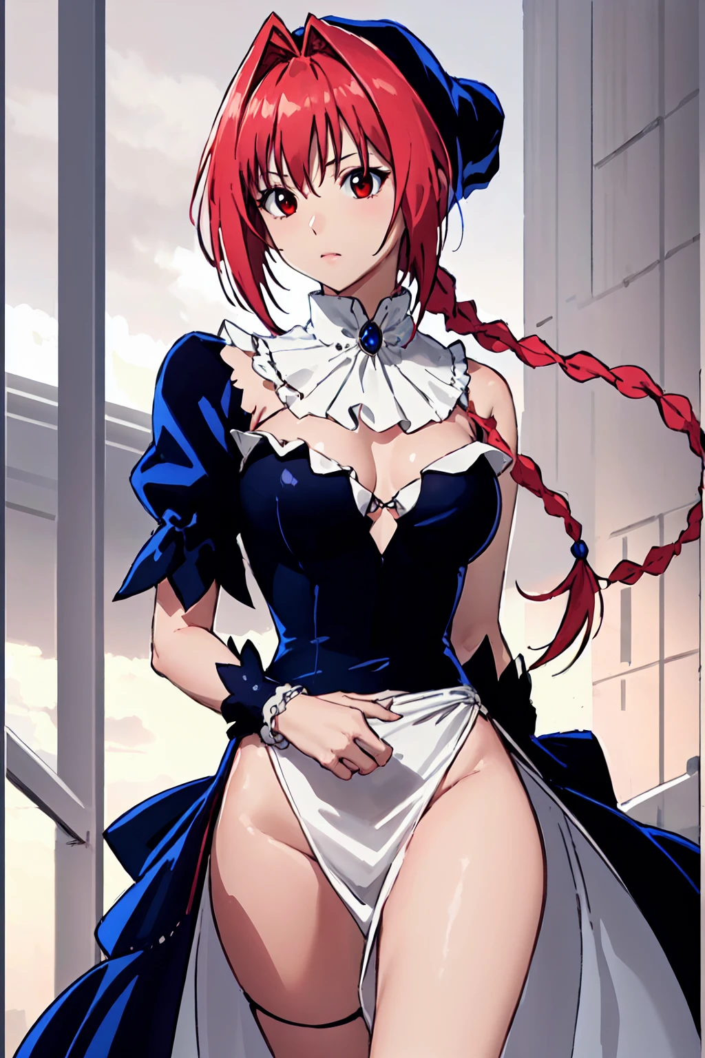 masterpiece, Highest quality,High resolution,Dorothy, Redhead,Red eyes, Have,dress,Braiding, black dress, View your viewers,