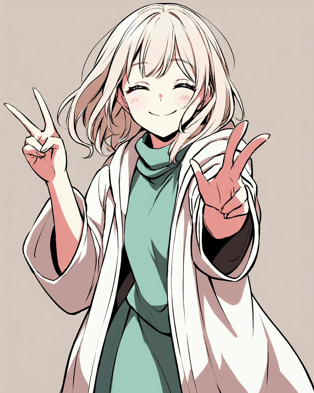 "Create an anime-style illustration of a cheerful girl with short, light-colored hair. She is smiling widely with her eyes closed, giving a peace sign with one hand. The girl is wearing an oversized jacket in neutral tones, and a light-colored turtleneck underneath. The background should be simple and plain to keep the focus on the character. Ensure the color combination and style match the provided reference."