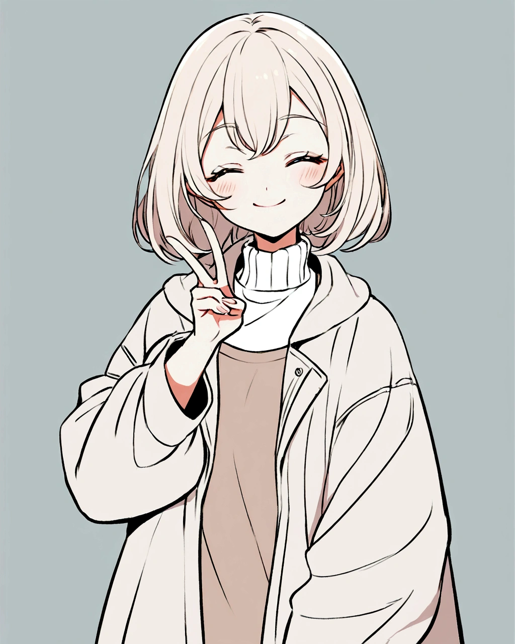 "Create an anime-style illustration of a cheerful girl with short, light-colored hair. She is smiling widely with her eyes closed, giving a peace sign with one hand. The girl is wearing an oversized jacket in neutral tones, and a light-colored turtleneck underneath. The background should be simple and plain to keep the focus on the character. Ensure the color combination and style match the provided reference."