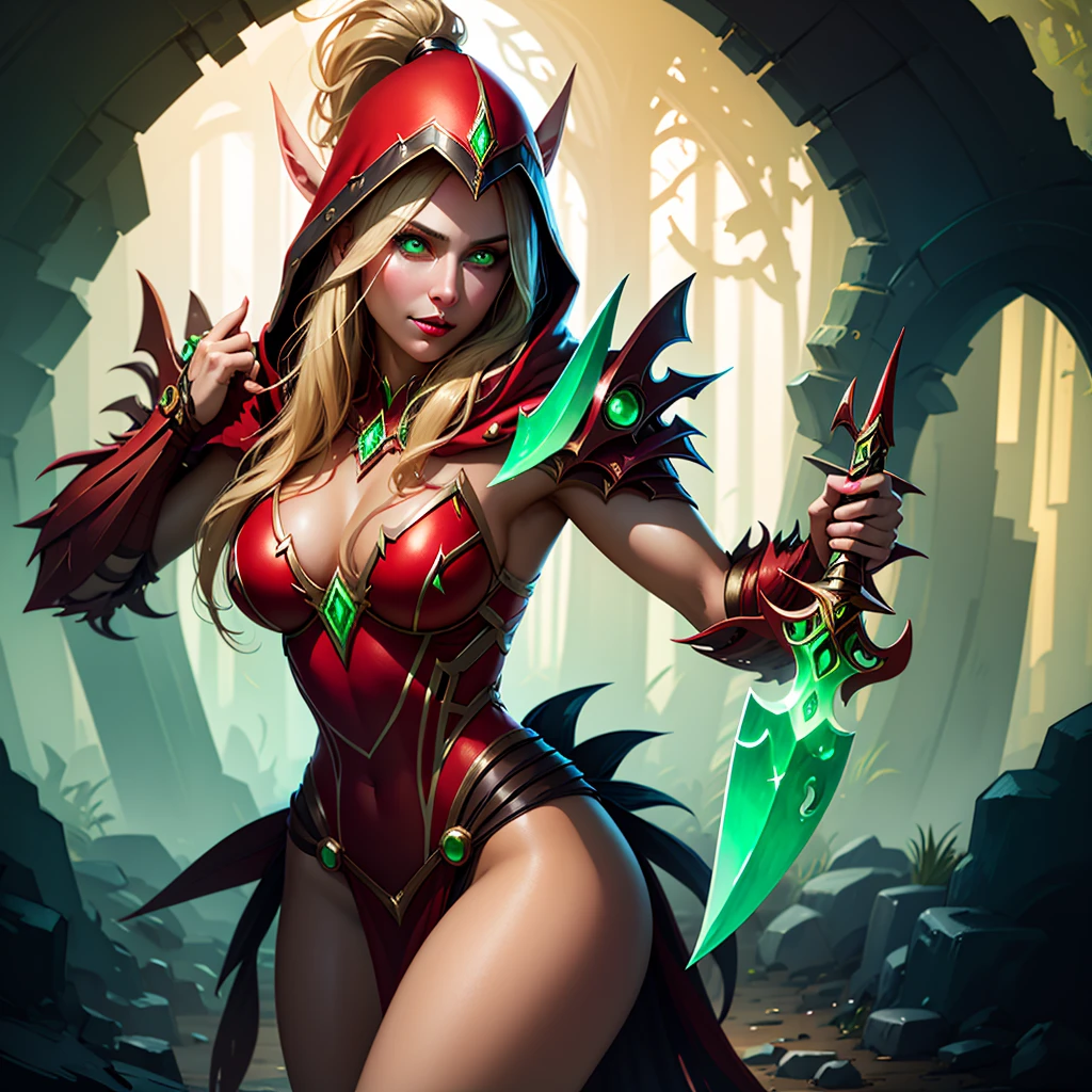 1girl, cowboy shot of beautiful ladyvaleera, hood on, red leotard, pelvic curtain, holding daggers, green dagger, weapon, looking at viewer, fantasy town outdoors, magic, volumetric lighting, best quality, masterpiece, realistic,  