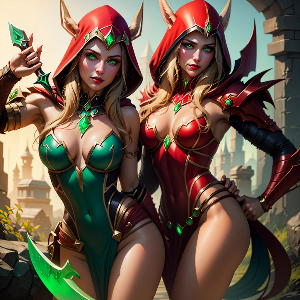 1girl, cowboy shot of beautiful ladyvaleera, hood on, red leotard, pelvic curtain, holding daggers, green dagger, weapon, looking at viewer, fantasy town outdoors, magic, volumetric lighting, best quality, masterpiece, realistic,