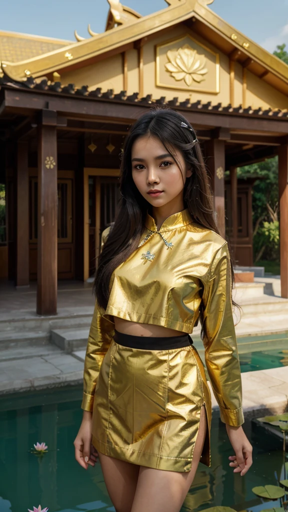 3d,1080hd,contrast,oilposertcolors masterpice,expressionism art, a Thai beatiful girl in lightgold​ cropped national costume, ​dark long hair,​she standing gracefuly​ on yard palace beside lotus pool, wildflowers, blue sky and cute clound