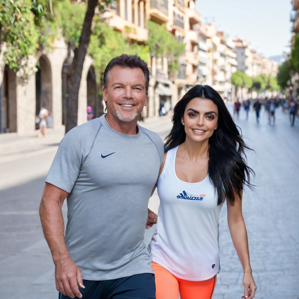 Ayslinn Derbez is 25 years old and Lothar matthäus is 35 years old, she have long hair, they are happy, they are wearing sport clothes, romantic, they are walking in Barcelona, moorning, romantic