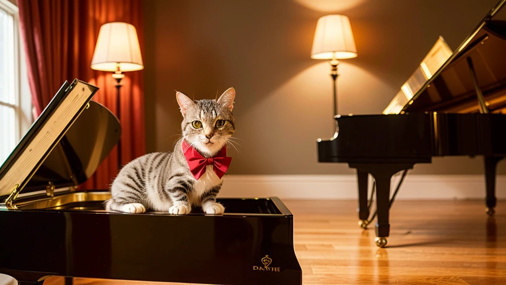 (Highest quality: 1.4), High resolution, 8K, Anime chic, Cozy jazz cafe with dim and warm lighting, A sophisticated cat wearing a tiny fedora and bow tie sits at a grand piano、Playing jazz music, The cat's paws move gracefully across the keyboard.、Eyes half-closed in concentration, In the background、There are a few small tables where customers can sit and enjoy their drinks.、There's a vintage record player and shelves filled with old jazz records., The smoke drifts gently、Create a nostalgic and atmospheric scene, The overall atmosphere is relaxed and a little melancholic.、It captures the essence of a classic jazz bar., 1 piano。