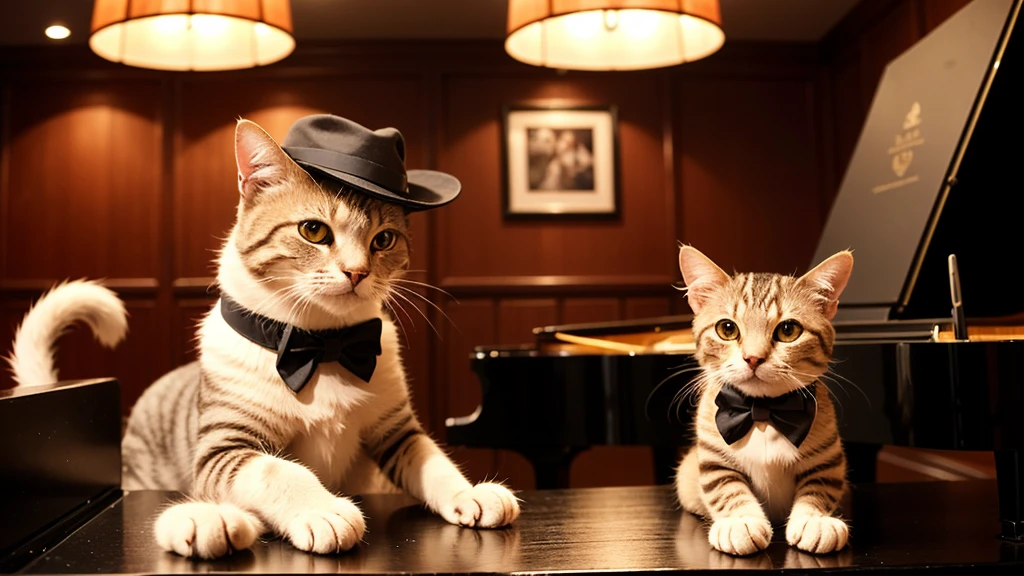 (Highest quality: 1.4), High resolution, 8K, Anime chic, Cozy jazz cafe with dim and warm lighting, A sophisticated cat wearing a tiny fedora and bow tie sits at a grand piano、Playing jazz music, The cat's paws move gracefully across the keyboard.、Eyes half-closed in concentration, In the background、There are a few small tables where customers can sit and enjoy their drinks.、There's a vintage record player and shelves filled with old jazz records., The smoke drifts gently、Create a nostalgic and atmospheric scene, The overall atmosphere is relaxed and a little melancholic.、It captures the essence of a classic jazz bar., 1 piano。