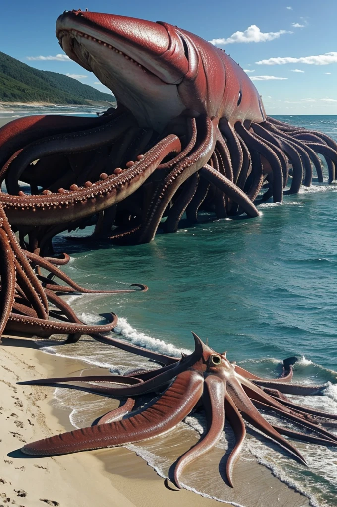 Monster giant squid on a beach then surrounded by croud to kill the squid