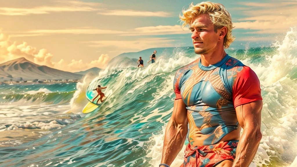 Blonde fit man on beach with surfboard, detailed surfboard, longboard, waves, sunshine, 50s surf scene, surf competition, Hawaiian surf scene, the beach boys Era,