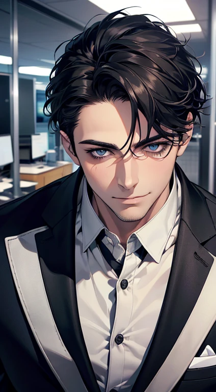 (best quality,4k,8k,highres,masterpiece:1.2),ultra-detailed,(realistic,photorealistic,photo-realistic:1.37),1 man,31 years old,mature man,very handsome,without expression,smile,short grey black hair,blue eyes,penetrating gaze,perfect face without errors,imposing posture,businessman,office background,cinematic lighting,hdr image