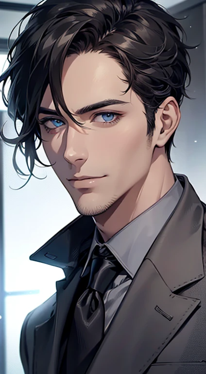 (best quality,4k,8k,highres,masterpiece:1.2),ultra-detailed,(realistic,photorealistic,photo-realistic:1.37),1 man,31 years old,mature man,very handsome,without expression,smile,short grey black hair,blue eyes,penetrating gaze,perfect face without errors,imposing posture,businessman,office background,cinematic lighting,hdr image