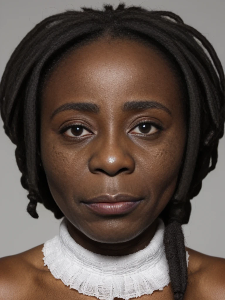 1girl, ugly:1.2, solo, realistic, photorealistic, natural lighting, middle aged woman, mid 40s Cameroonian woman, (((deep wrinkles))), (((realistic skin with pores and blemishes))), (((lots of wrinkles))), (((elderly))), (((wrinkles))), (((body with wrinkles))), (((wrinkles on face))), (((sagging skin))), (((wrinkled skin))), (((old body))), (((Cameroonian old woman))), (((45 years old))), (((Cameroonian nose))), (((round black eyes))), (((black dreadlocks))), (((Cameroonian face))), (((Cameroonian lips))), (((plump old Cameroonian body))), dark skin