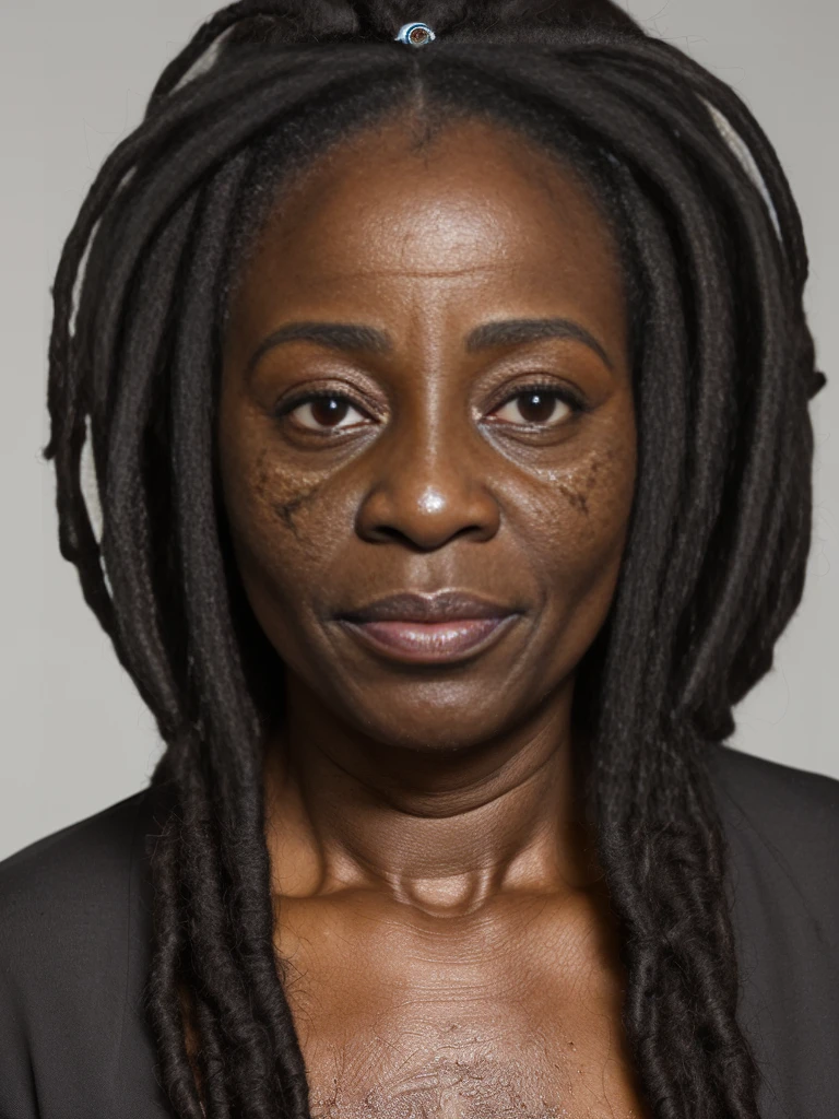 1girl, ugly:1.2, solo, realistic, photorealistic, natural lighting, middle aged woman, mid 40s Cameroonian woman, (((deep wrinkles))), (((realistic skin with pores and blemishes))), (((lots of wrinkles))), (((elderly))), (((wrinkles))), (((body with wrinkles))), (((wrinkles on face))), (((sagging skin))), (((wrinkled skin))), (((old body))), (((Cameroonian old woman))), (((45 years old))), (((Cameroonian nose))), (((round black eyes))), (((black dreadlocks))), (((Cameroonian face))), (((Cameroonian lips))), (((plump old Cameroonian body))), dark skin