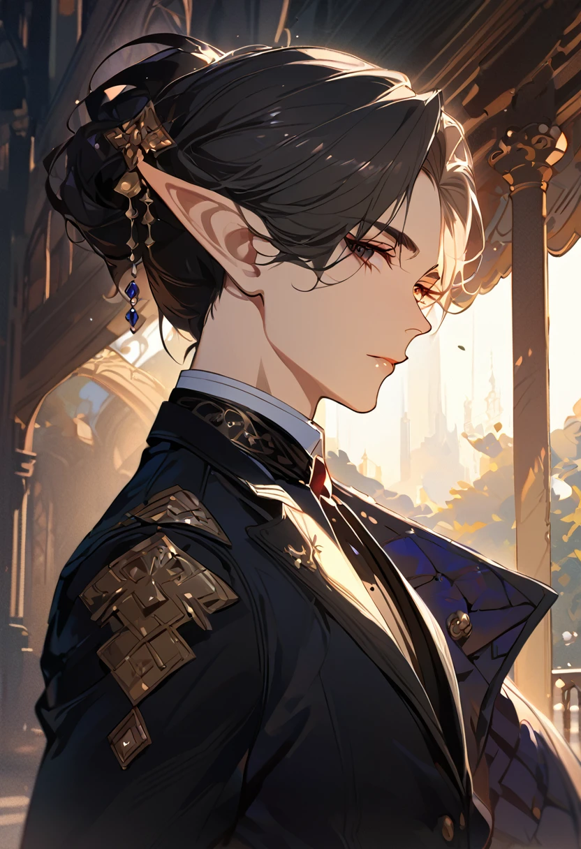 masterpiece, best quality, 8k ,4k , 1 male, elf, long ears elf, dark grayish hair, dark greenish eyes, hair ornament, finely detailed eyes and detailed face, looking at viewer, from side, meticulous clothes, formal clothes, combination of white and black coat, half cape by the shoulders, patterned clothes, majestic looks, sharp looks, shadows, inspired by Asukaziye artist : ask, art style : ask