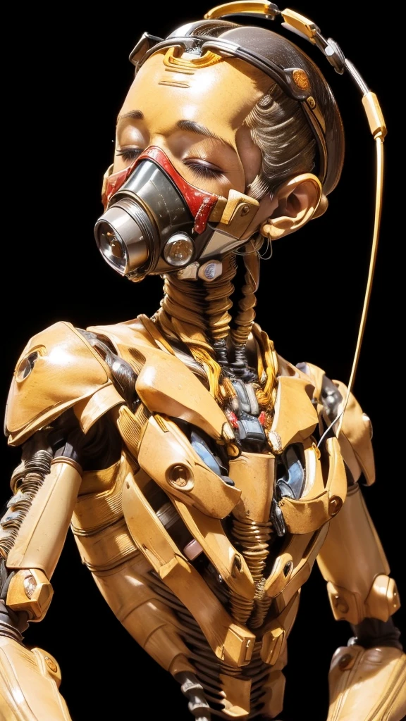(((masterpiece))), (((Highest quality))), ((Very detailed)), (Highly detailed CG illustrations), ((close your eyes)), ((Headgear type gas mask)), ((bare hands)) ((Very delicate and beautiful)),(Cute and delicate face),,((1. Machine Girl)),alone,whole body,(Steam from the head),((Mechanical Limbs)),(Blood vessels connected to tubes),((Mechanical vertebrae attached to the back)),((Cervical vertebrae mechanically attached to the neck)),((Sitting)),Feeling facial expression,(Wires and cables connecting the head and body:1.5),(Character Focus),SF Black Hair　Sweaty face　cute